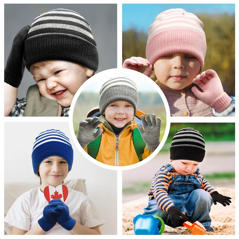 Baby Peuter Kids Winter Hoeden en Handschoenen Set Knit Oorflap Gestreepte Beanie Warm Fleece Cap voor Jongen Meisje