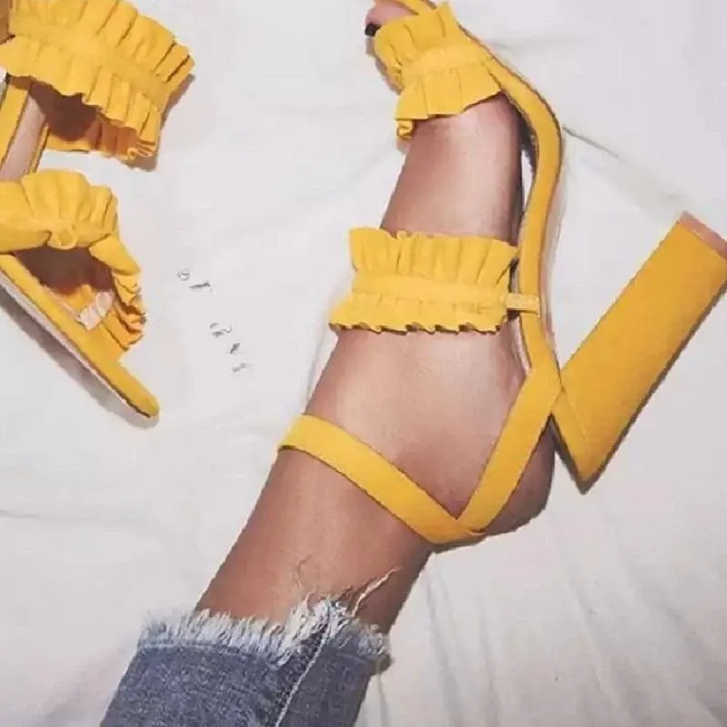 여성 하이힐 샌드일 검투사 여름 프러플 발목 스트랩 오픈 발가락 숙녀 신발 섹시한 노란색 블록 Zapatos Mujer