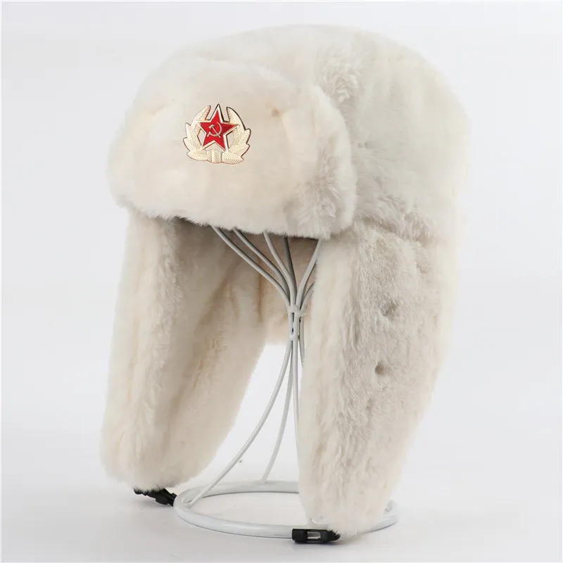 Män Kvinnor Sovjet Armé Militär Badge Ryssland Bomber Mössor Pilot Trapper Trooper Hat Winter Faux Fur Earflap Snow Caps 3 stilar