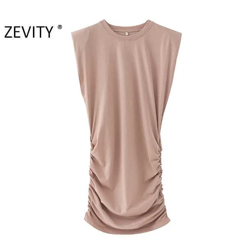 Zevity女性のファッションOネックノースリーブプリーツスリムドレスシックな女性ショルダーパッド入りVestidosカジュアルニットドレスDS4175 210603