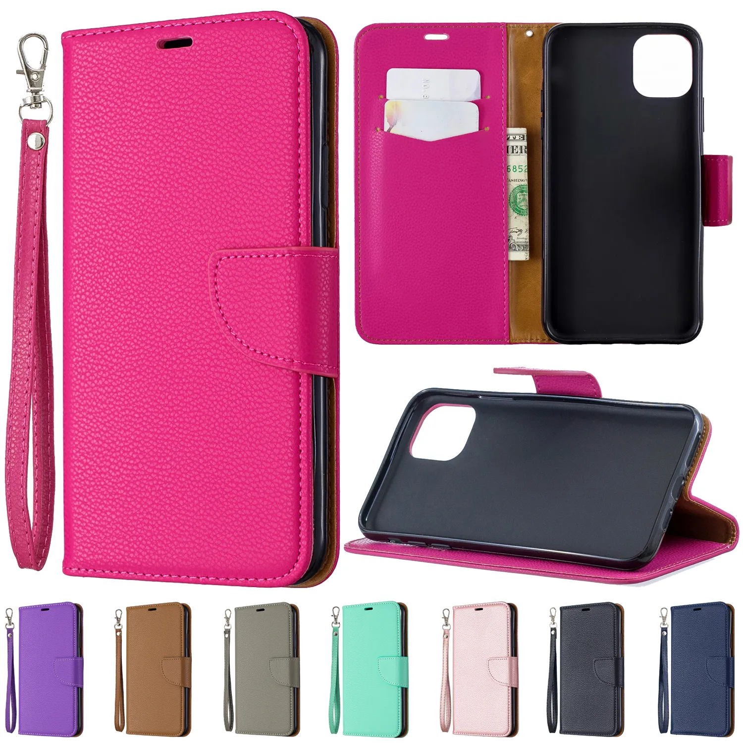 حالات هاتف المحفظة لجهاز iPhone 14 13 12 11 Pro Max XR XS X 7 8 Plus - Litchi texture Pu Leather Flip Kickstand Case with Card Slots