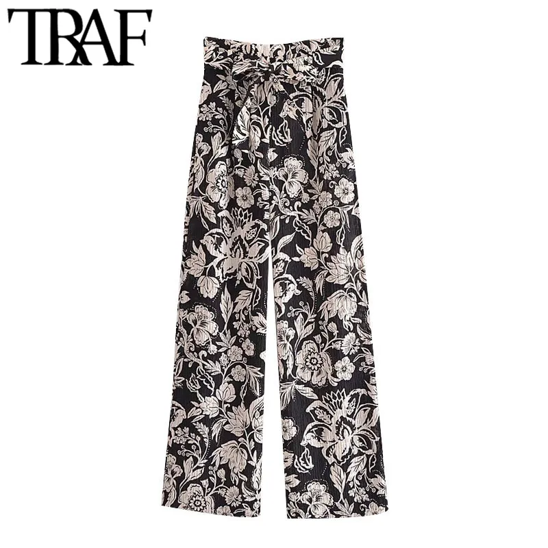 TRAF Women Chic Fashion With Belt Floral Print Straight Pants Vintage High Waist Side Pockets Female Trousers Mujer 210415