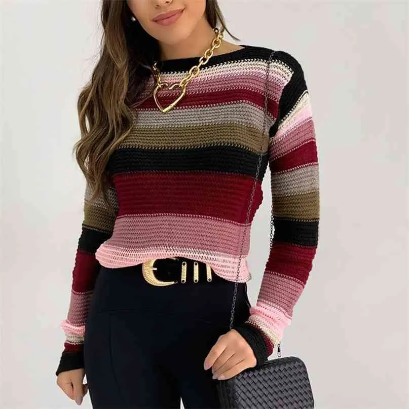 Jesień Winter Paski Pullover Kobiety Sweter O Neck Slim Z Długim Rękawem Dzianiny Koreański Kobieta Swetry Topy Femme Jumper Kobieta 210507