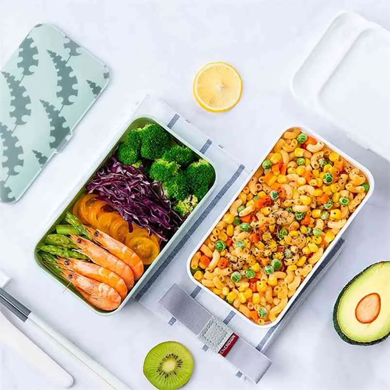 Food Container Bento Box Lunch Set School Picnic with Tableware Package Microwave Heated Kitchen Double Japanese-style 210423