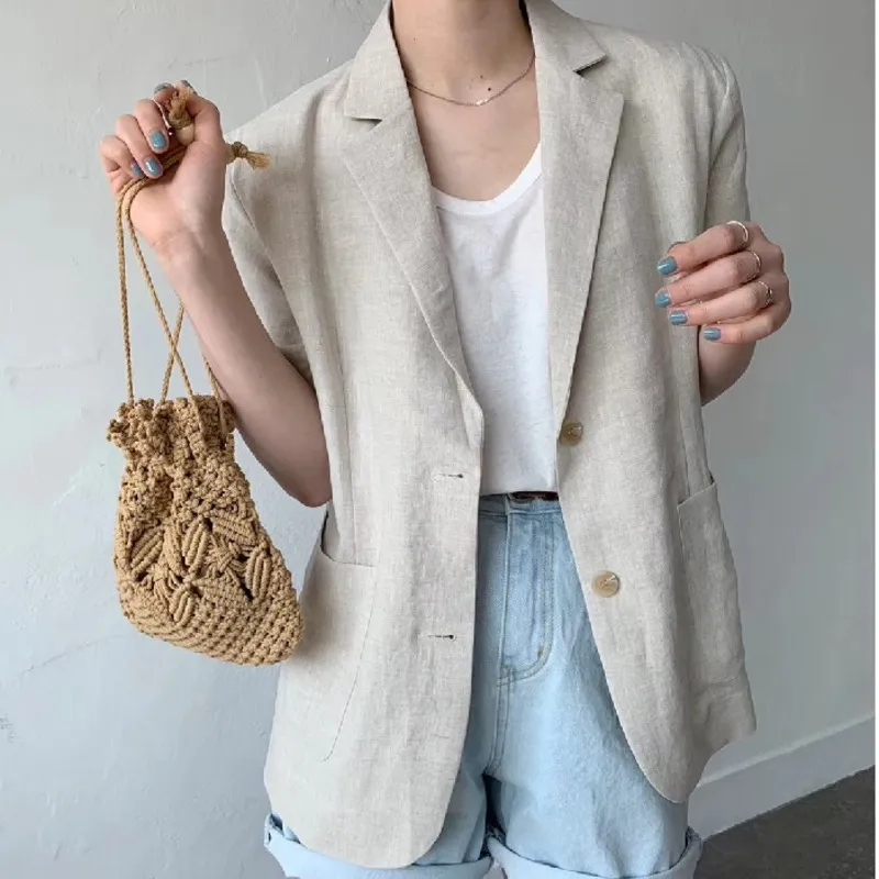 Minimalism Women Black Casual Linen Blazer Notched Short Sleeve Loose Fit Jacket Fashion Spring Summer F0485 210510