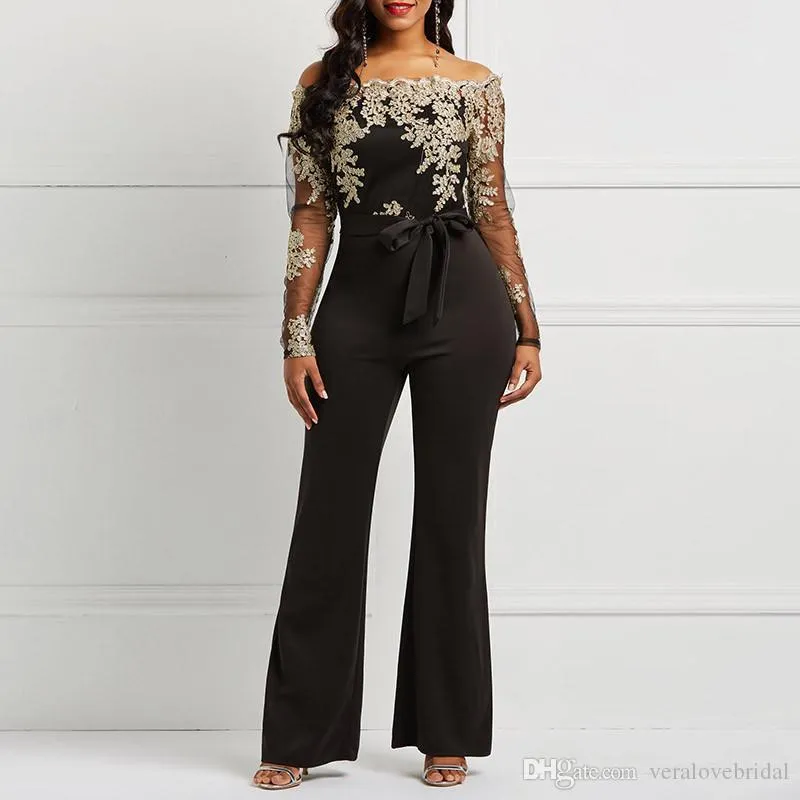 Elegan Blue Chiffon Jumpsuit Evening Dress Custom Long Sleeves Prom Dresses Bateau Gold Lace Appliques Women Event Formal Gown From 90 68 DHgate