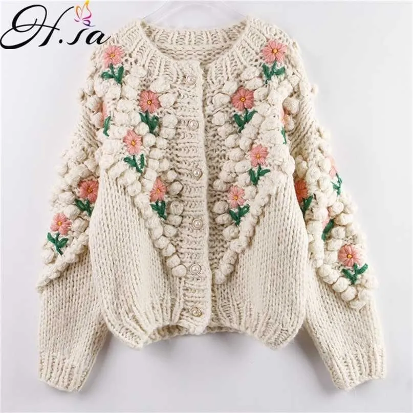 H.SAの女性の冬の手作りのセーターとカーディガンの花の刺繍が中空アウトシックニットジャケット真珠ビーズ211011