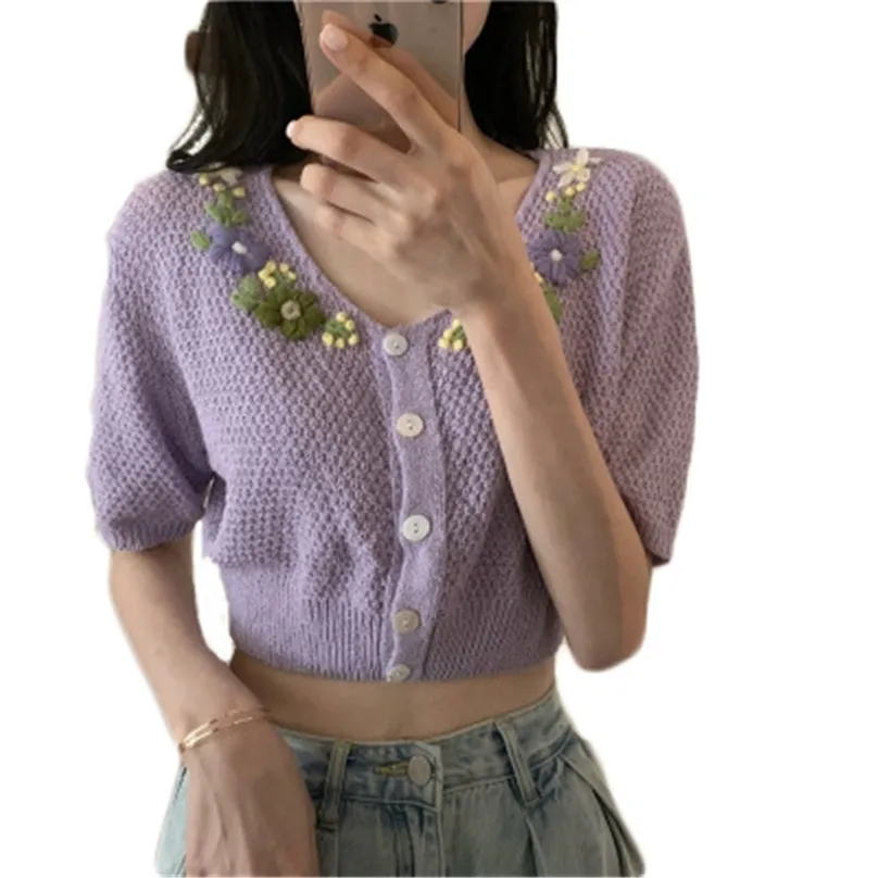 С коротким рукавом вязаный кардиган летняя мода высокая талия тонкий V-образным вырезом фиолетовый белый топ футболка женская LR1152 210531