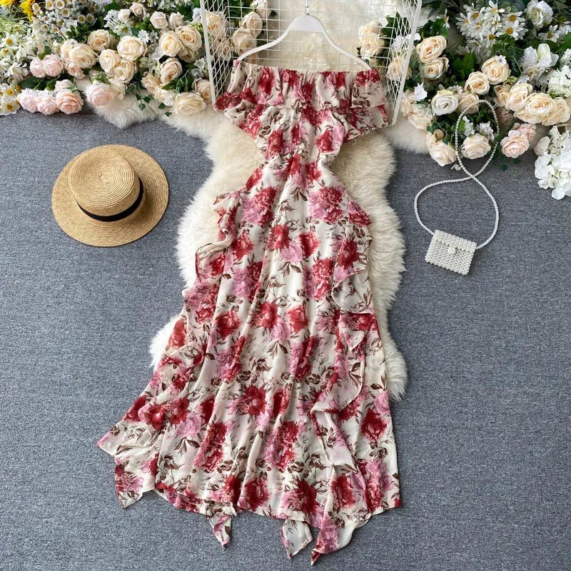 Vestido de playa de chifón para mujer, vestido largo por debajo de la rodilla irregular con cuello oblicuo de verano, vestido de línea A con volantes y flores estampadas coreanas 210419