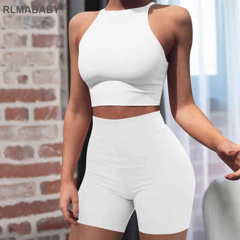 Skinny 2 Piece Set Kvinnor Tank Top och High Waist Shorts Set Suit Summer Night Club Sexig Set Casual Ladies White Tracksuit Cloth X0428