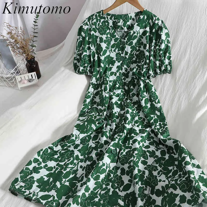 Kimutomo bloemen jurk vrouwelijke bladerdeeg mouw single-breasted v-hals zomer slanke Koreaanse A-lijn vestidos vrouwelijke casual 210521