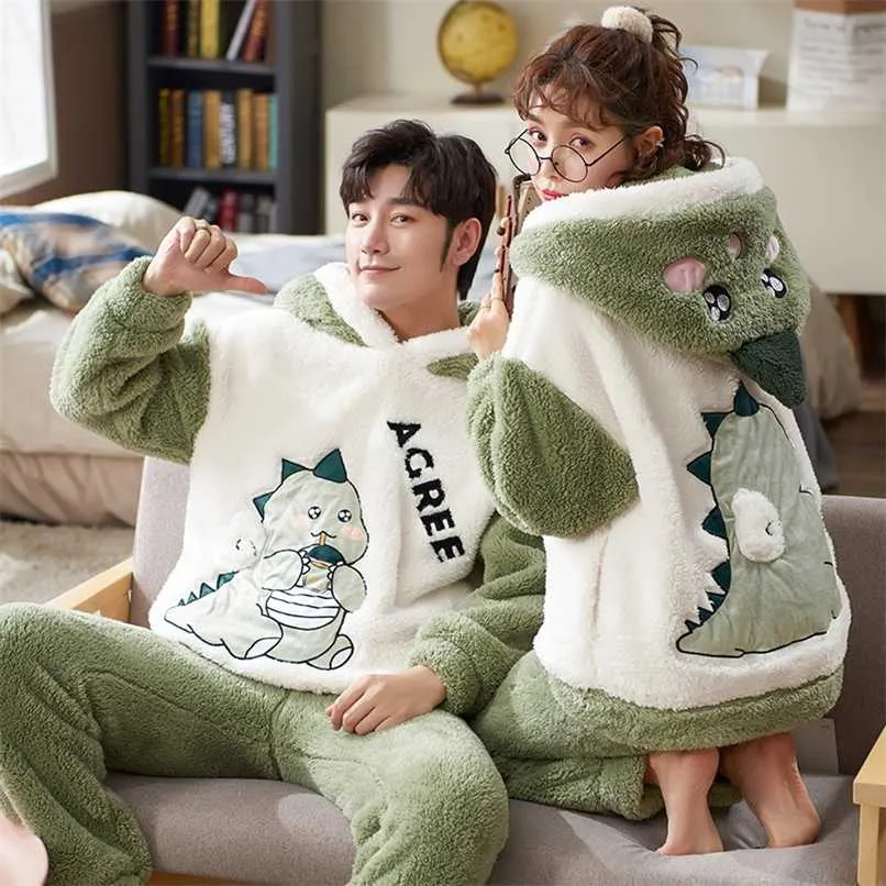 Couples Pajamas Sets Women Men Winter Thicken Pyjamas Sleepwear Cartoon Dinosaur Korean Lovers Homewear SoftWarm Pijama Hoodies 211118