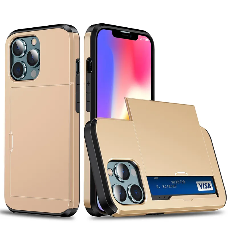 Estuches para teléfonos móviles para iPhone 14 Pro Max 13 Mini 12 11 XS XR X 8 7 Plus SE Deluxe PC TPU Armadura Estuche protector Titular de la tarjeta de crédito Deslice la cubierta dura de doble capa