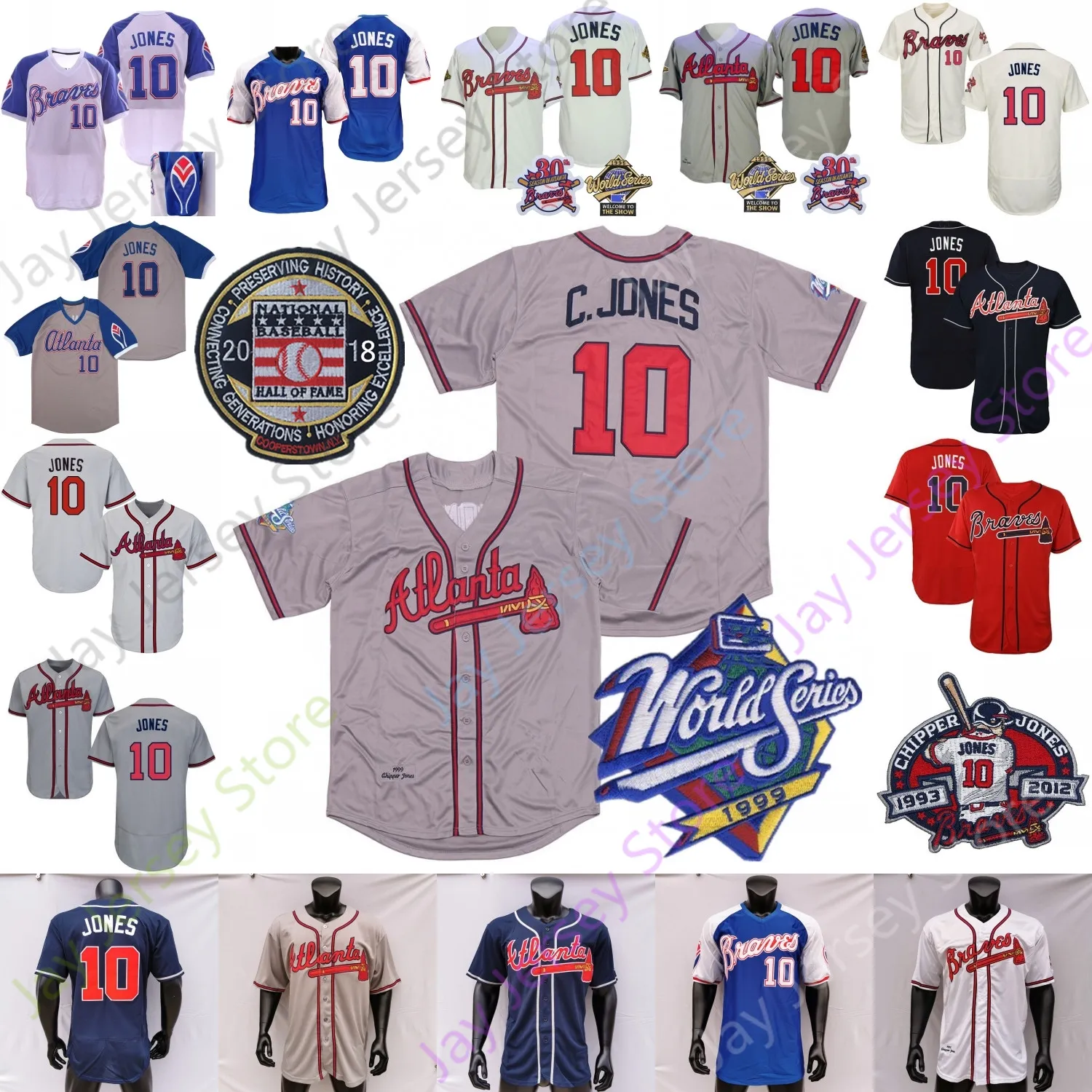 Chipper Jones Jersey 1995 WS Vintage Baseball 1999 Cinza Branco Azul Pulôver 2018 Hall da Fama Aposentadoria Patch Verde Exército Tamanho S-3XL