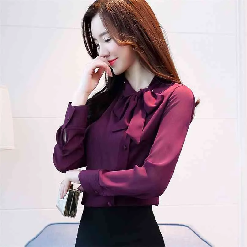bow neck women's clothing spring long-sleeved chiffon blouse shirt solid purple formal tops blusas 210607