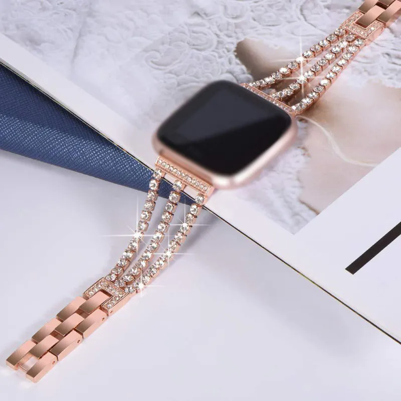 Ny Design Watch Band för Fitbit Versa 3 Lite Metal Strap Rose Gold Vattentät Band Fashion 3 Rows Diamond Kedjemband Hög kvalitet