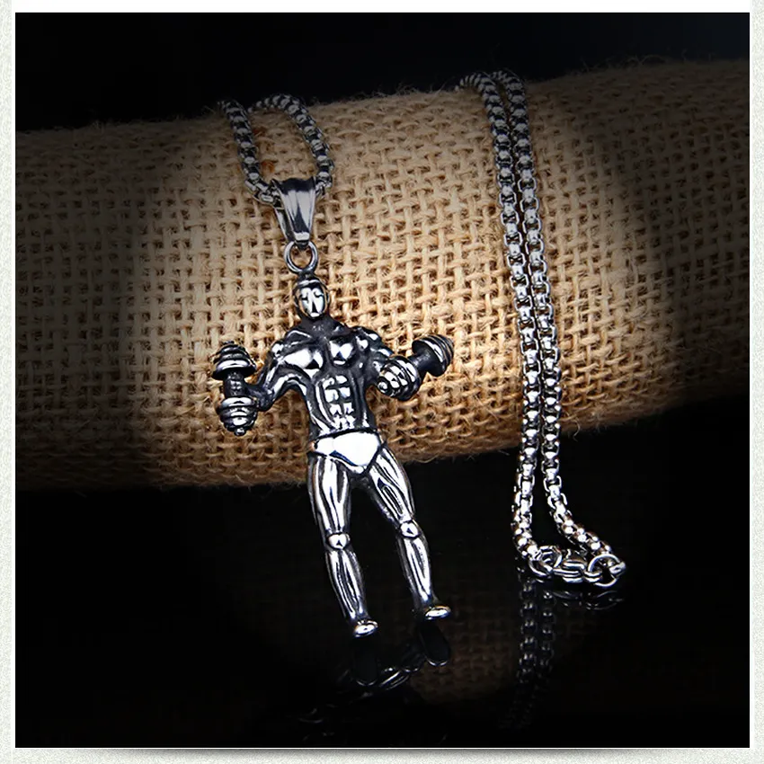 Power Stainless steel bodybuilder necklace ancient silver man dumbbell pendant necklaces with chain hip hop jewelry will and sandy