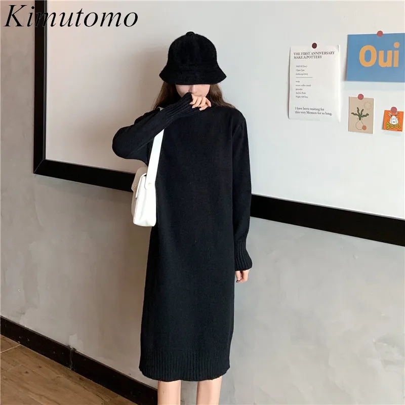 Kimutomo Femmes Élégant Robe tricotée Automne Hiver Style coréen Femelle Solide Col Roulé Lâche Taille Haute Robes Mode 210521