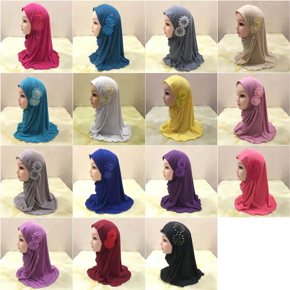 2021 Moslim Kids Meisjes Hijab Islamic Headscarf Bloem Sjaal One Piece Amira Kinderen Ramadan Midden-Oosten Volledige Wrap Cover 2-7Y