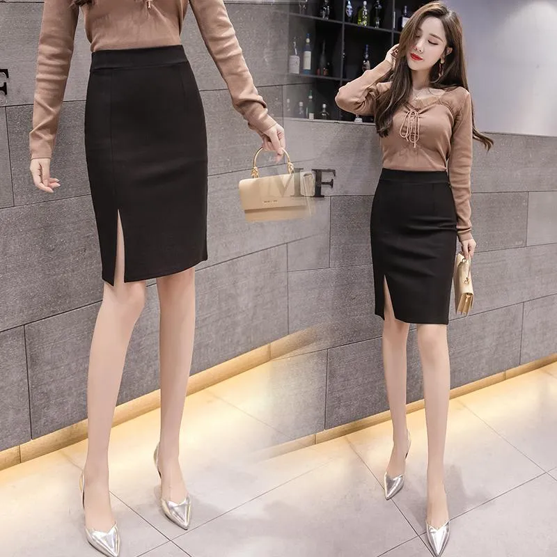 Skirts 2021 Fashion Women Office Formal Pencil Skirt Spring Summer Elegant Slim Front Slit Midi Black/Gray/Red OL