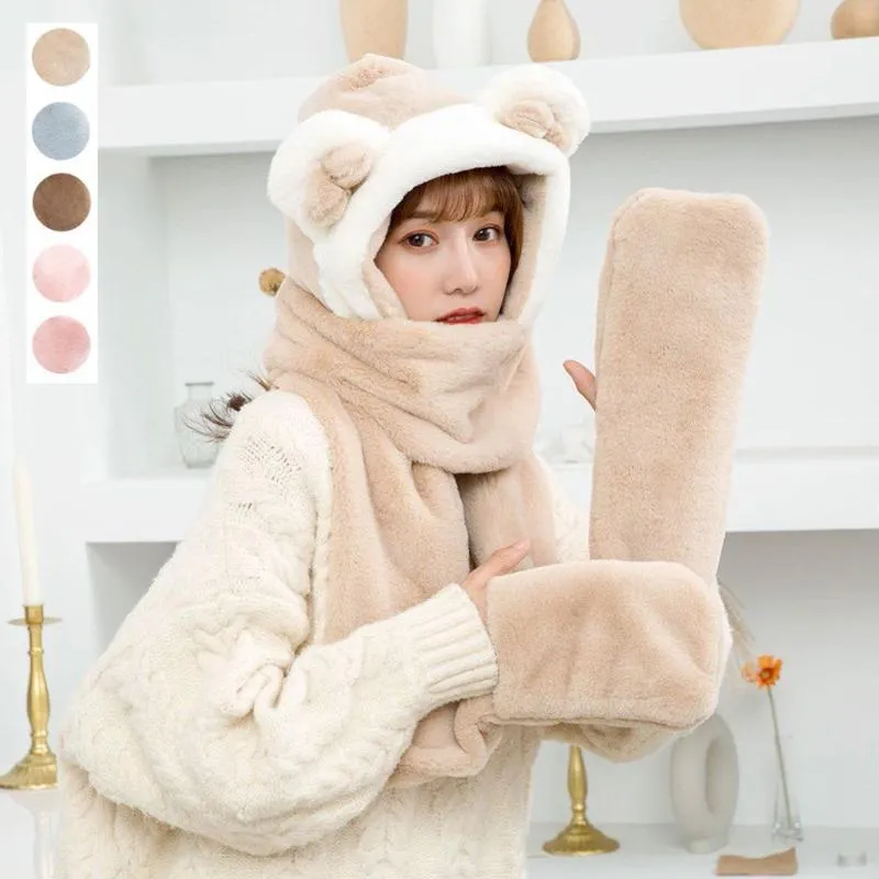 Beanie / черепные колпачки мода из искусственных меховых шапочек зимний теплый милый медведь ушная шляпа случайные плюшевые шарф перчатки набор твердых женщин