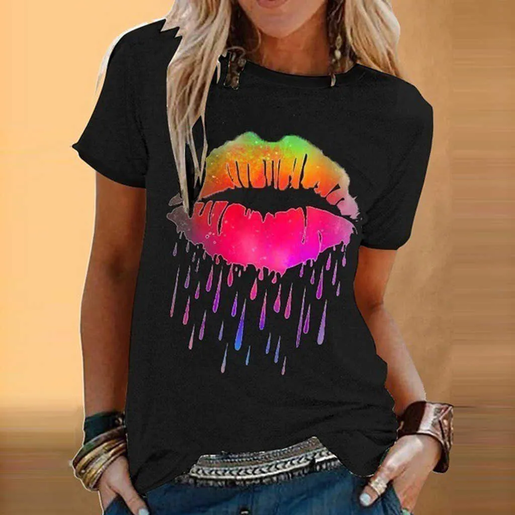 Colorful Lip Print Tee Fashion Women Casual Short Sleeve O-neck T-shirt Tops 2020 Summer Plus Size S-5xl Top For Women X0527