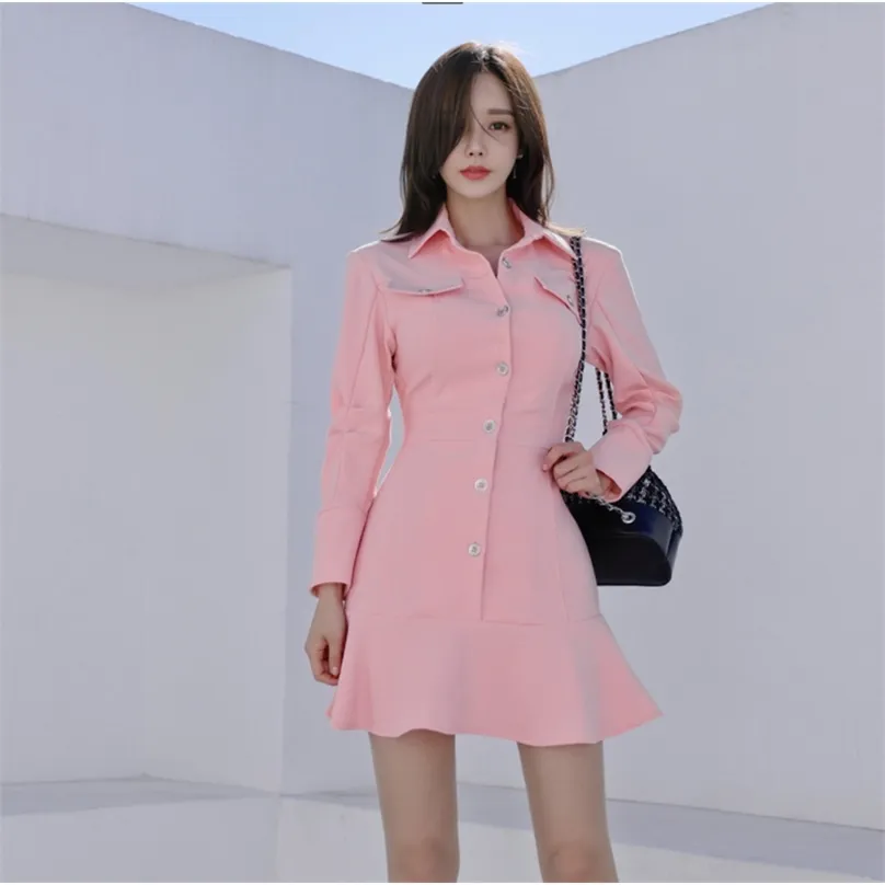 Rosa elegantes Hemdkleid Damen koreanische Langarm Herbst Sexy Club Party Rüschenkleid für Frauen Kleidung China 210602