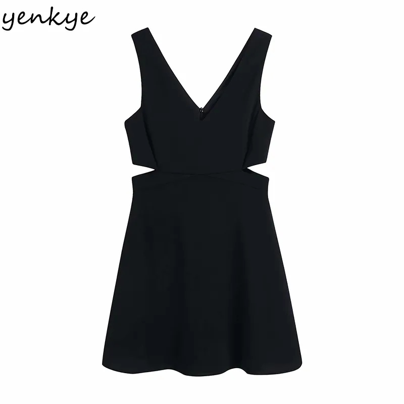 Sexig sida öppning midja klänning kvinnor v nacke ärmlös a-line mini vintage svart kvinnlig sommar tank vestido 210430