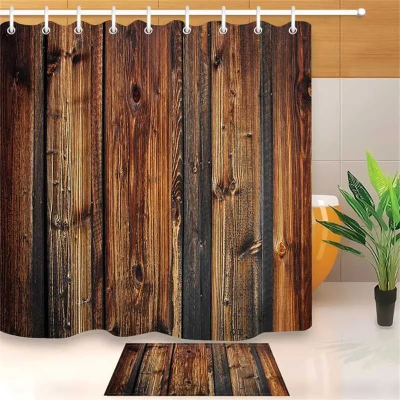 Rustik träpanel Brown Plank Fence Dusch gardin och badmatta Set Vattentät Polyester Badrum Tyg för Bathtub Decor 211116