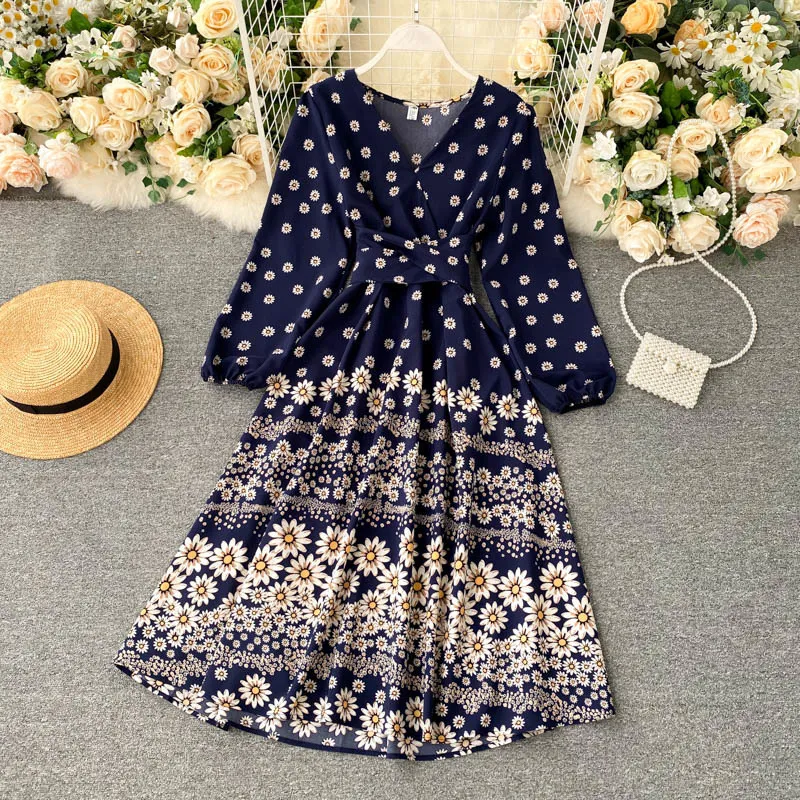 Vintage Autumn Floral Dress Women's Design Strap Waist Slim V-neck over-the-Knee midi Dress Women vestidos de fiesta 210514