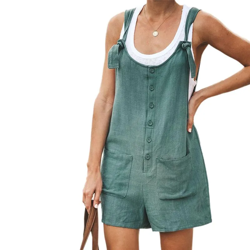 Button Style Women Casual Loose Jumpsuit Sleeveless Straps Suspender Romper Cuffed Hem Pockets Shortalls Shorts Women's Jumpsuits & Rompers