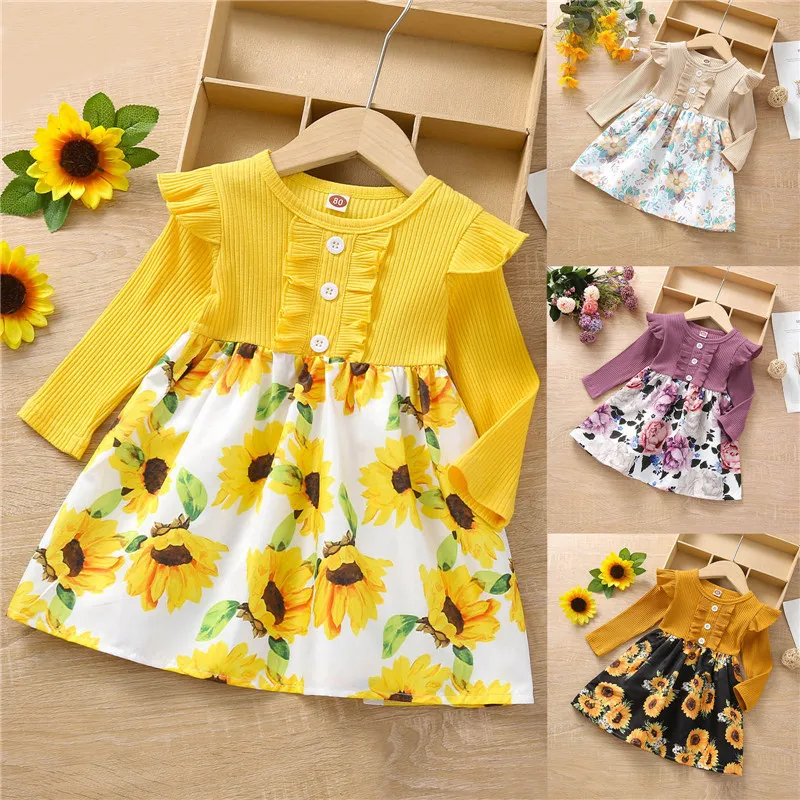 2021 0-18 Months Autumn Clothes Toddler Baby Girls Long Sleeve Floral Printed Ruffles Princess Dress