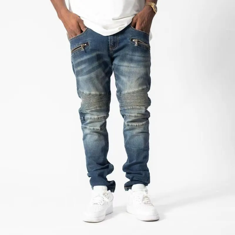 Neuankömmling Herren Designer-Jeans mit Reißverschluss, Handtasche, zerrissenes Knie, Vintage-Stil, Loch, modische Jeans, schlanke Motorrad-Biker-Jeans, lässige Hip-Hop-Hose