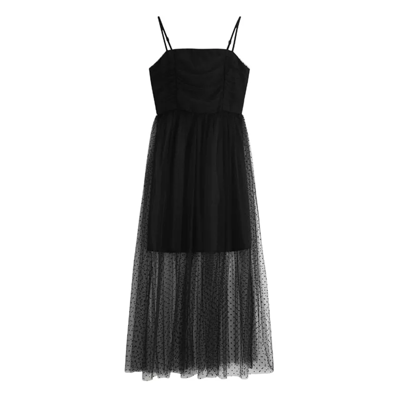 Mesh ärmlös solid svart kvinna maxi klänning slash neck passform och flare d1648 210514