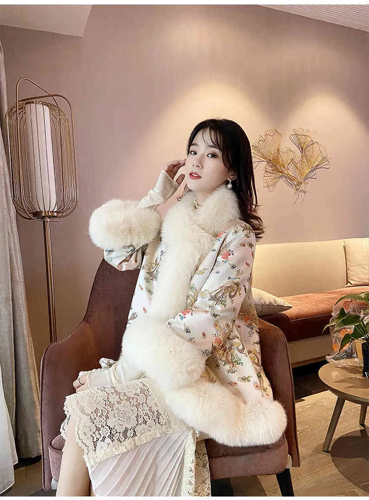 Chinese Style Winter Print Fur fur coat with Beaded Shawl