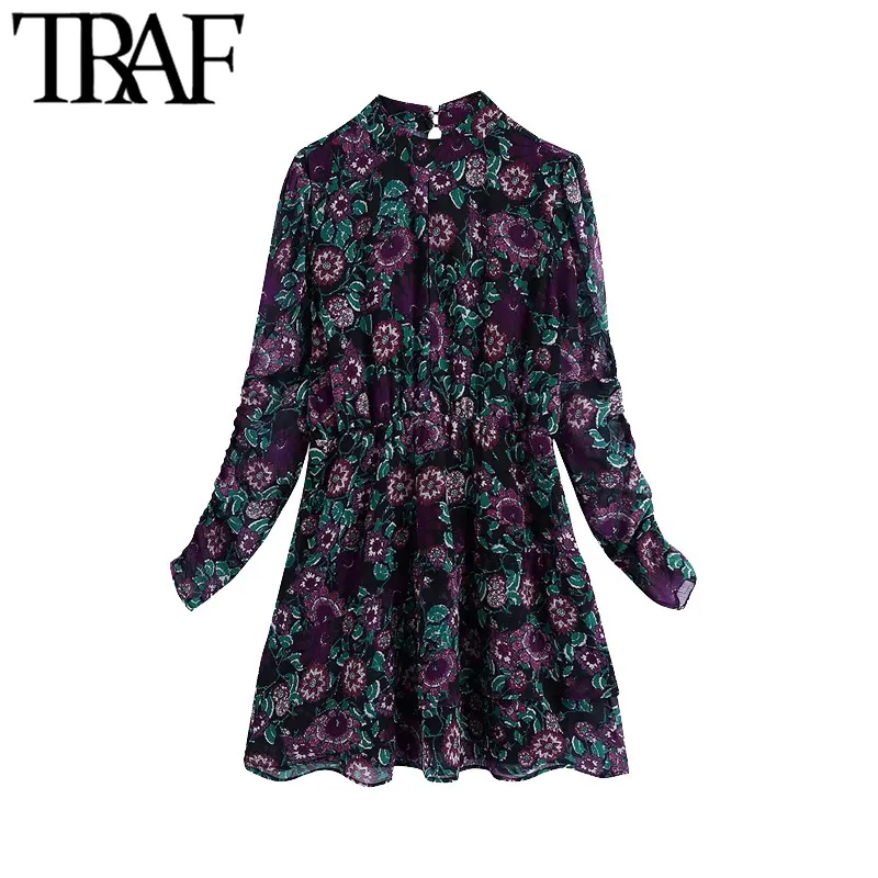 Traf Women Fashion Floral Print Ruffled Mini Dress Vintage High Collar Elastic midja med foder kvinnliga klänningar Mujer 210415