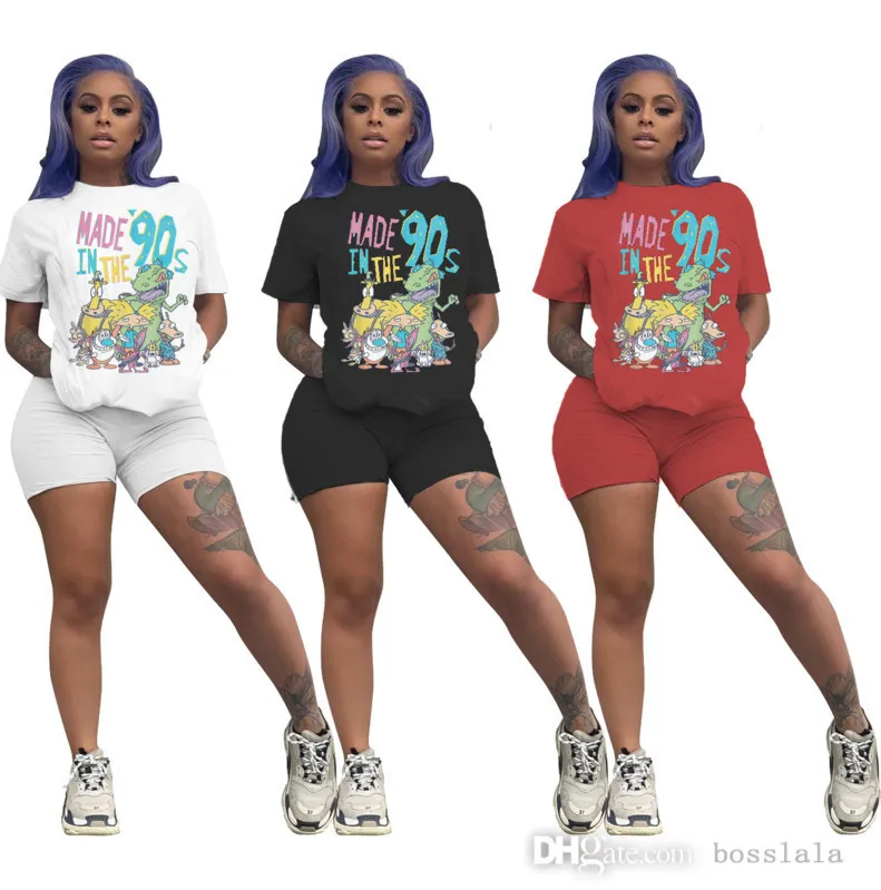 Women 2 Piece Set Sportswear Pure Color Cartoon Printed Short Sleeved Shorts Suit Designer Summer Shorts Casual Jogging Outfits Cy789