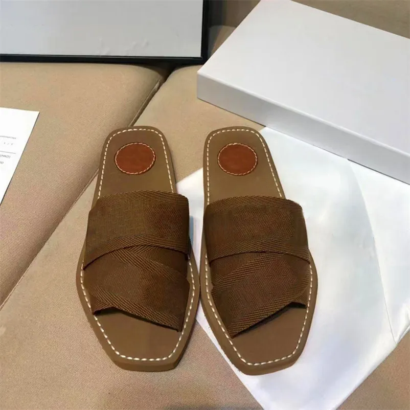 High Quality Designer Women Woody Mules Slippers Canvas Cross Woven Sandals Summer Outdoor Peep Toe Casual Slipper Letter Stylist Shoes With Box