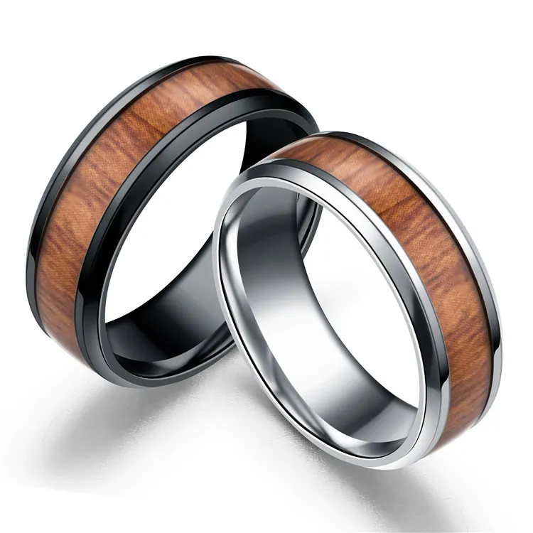 Anillos de acero inoxidable Vintage Punk para hombre, anillo de bodas, diseño de grano de madera Retro, moda