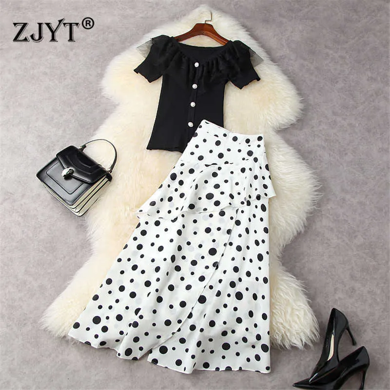 Elegant Lady Summer Women 2 Piece Set Fashion Ruffles Short Sleeve Knit Top and Dot Long Skirt Suit Party Office Outfits 210601