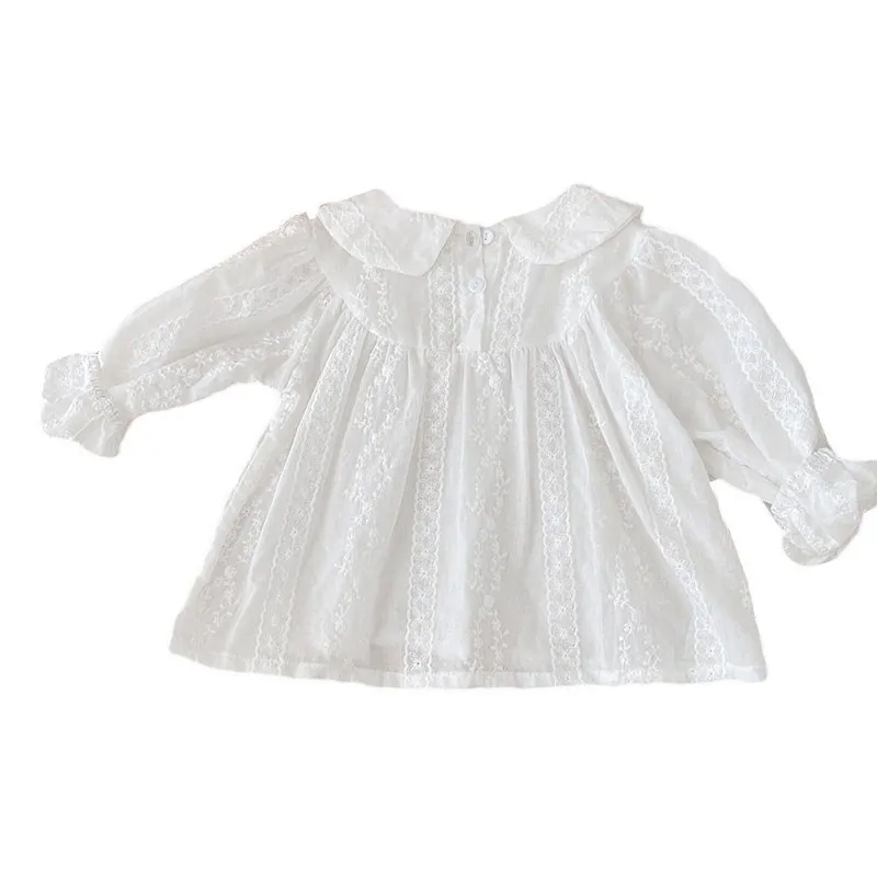 Wiosna Jesień Moda Dziewczyny Białe Koronki Koszule Koszulki Peter Pan Collar Dzieci Casual Długie Rękody Bluzki dla Dziewczyn Tee Topy 210413