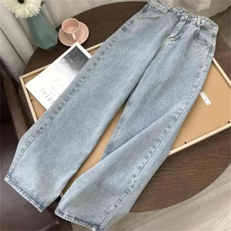 Anne Jeans Düz Pantolon Yıkanmış Gevşek Yüksek Bel Artı Boyutu Kadın Casual Erkek Arkadaşlar Kovboy Vintage Geniş Bacak Pantolon 210809