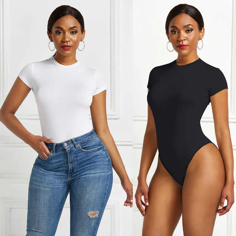 Sexy Bodycon Bodysuit Short Sleeve O Neck Open Basic White Black Red Overall Body Top Skinny Rompers Female 210622