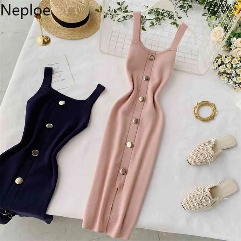 Square Collar Single Breast Design Knit Sweater Dress High Waist Hip Sleeveless Split Vestido Bodycon Camis Ropa 48970 210422