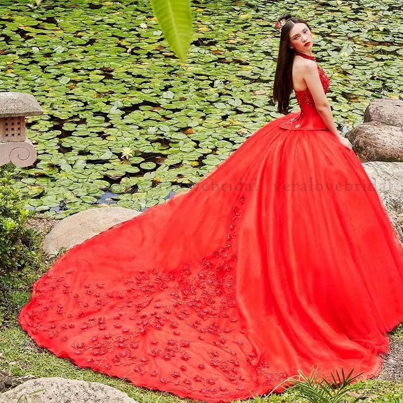 Charro Red Quinceaneraドレス2021レースアップリケパージェント甘い15誕生日のメキシコのvestidos de xvAñosAbiti da Celimonia