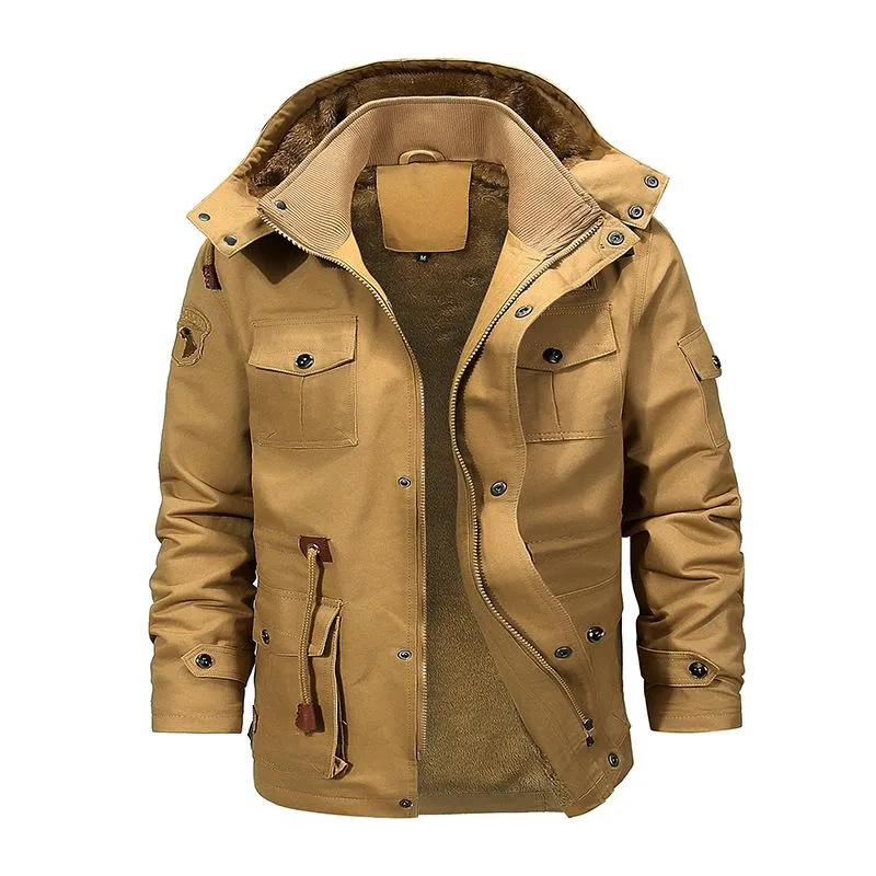 Winter Parkas Mens Casual Tjock varm Bomberjacka Outwear Fleece Hooded Multi-Pocket Tactical Military Overcoat