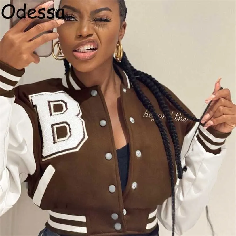 Odessa Winter Long Sleeve Woman Baseball Jacket Faux Leather Y2K Varsity Bomber Crop Women's Jackets Coats 220105