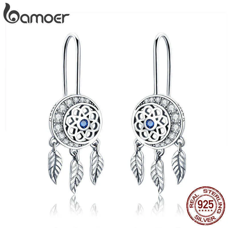 BAMOER 100% 925 Sterling Dream Catcher Drop Earrings Women Dazzling CZ Vintage Silver Jewelry Gift SCE497