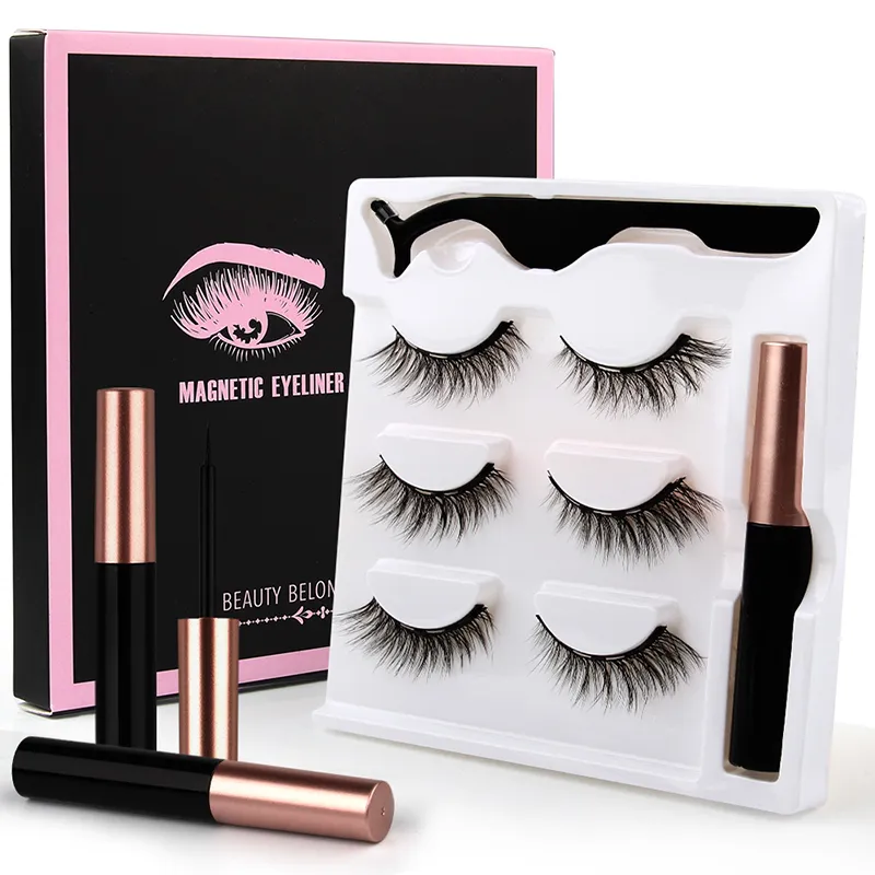 3 Paar magnetischer Flüssig-Eyeliner und falsche Wimpern, natürliches falsches Wimpern-Set, kostenloser Kleber, Magnet, schwarze Box, Coloris Großhandel Make-up-Wimpern