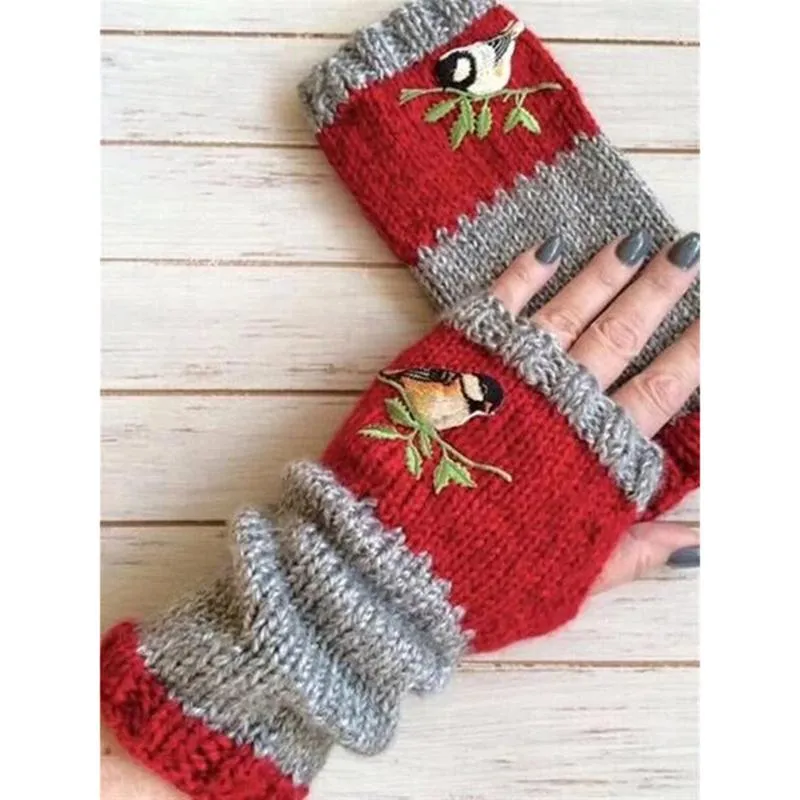 Sports Gloves Birds Embroidery Women Without Fingers Winter Knit Warm Plus Velvet Outdoor Half Finger Rekawiczki Damskie